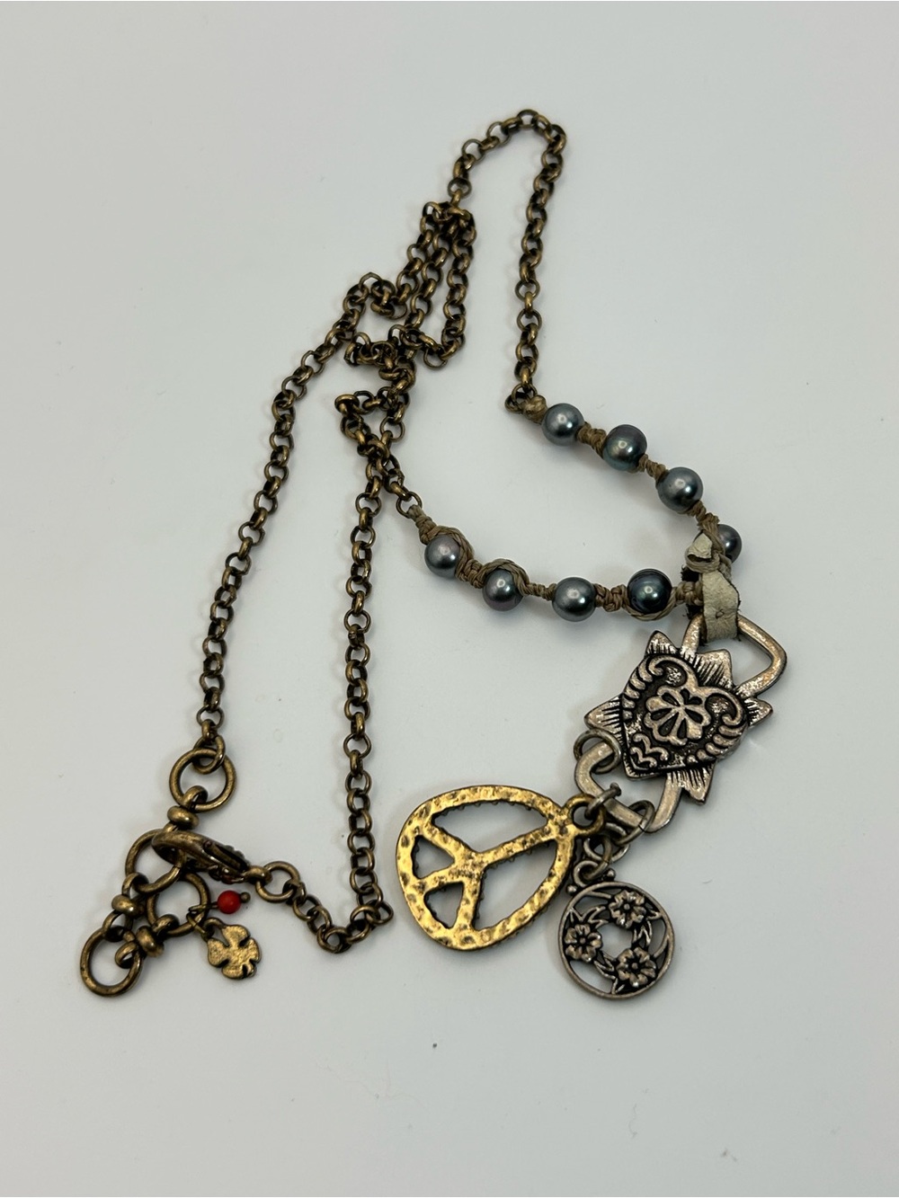 Lucky Brand Vintage Peace Sign Charm Necklace Macrame Beaded Antiqued Bronze 22" - Picture 9 of 15